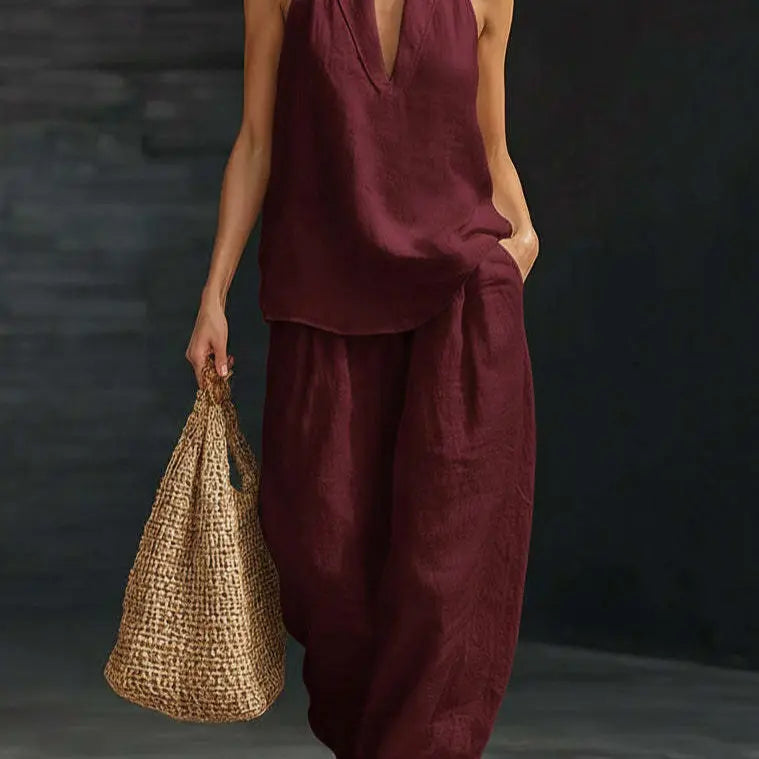 Ensemble bohème 2 pièces en lin - haut dos nu sans manches et pantalon large
