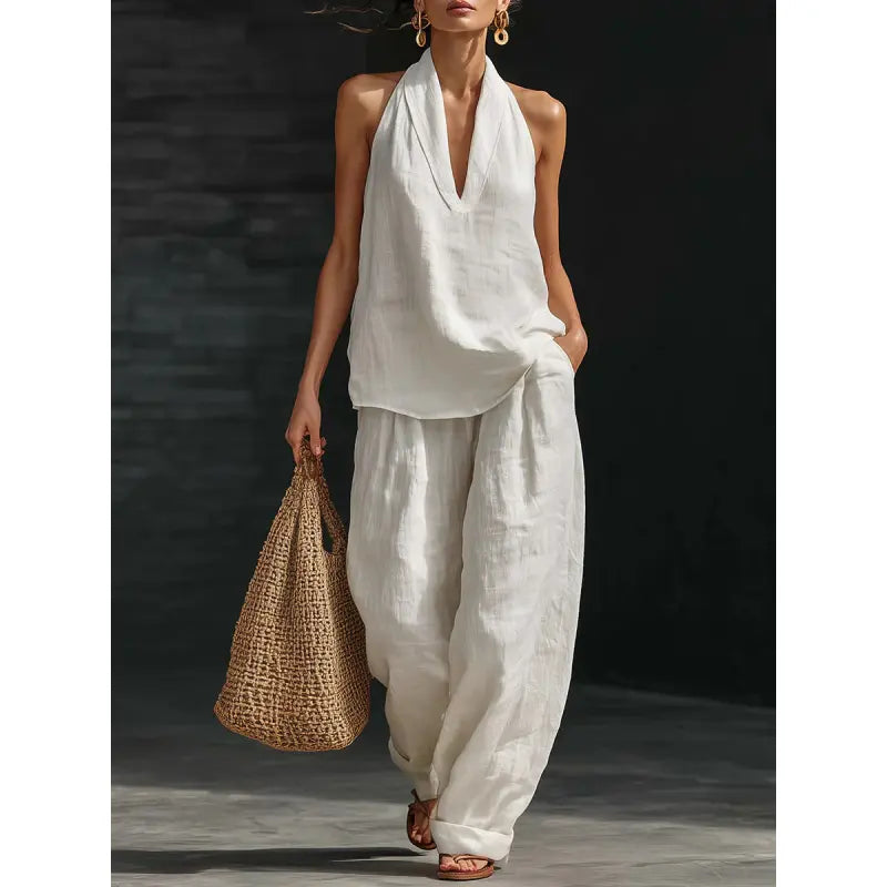 Ensemble bohème 2 pièces en lin - haut dos nu sans manches et pantalon large