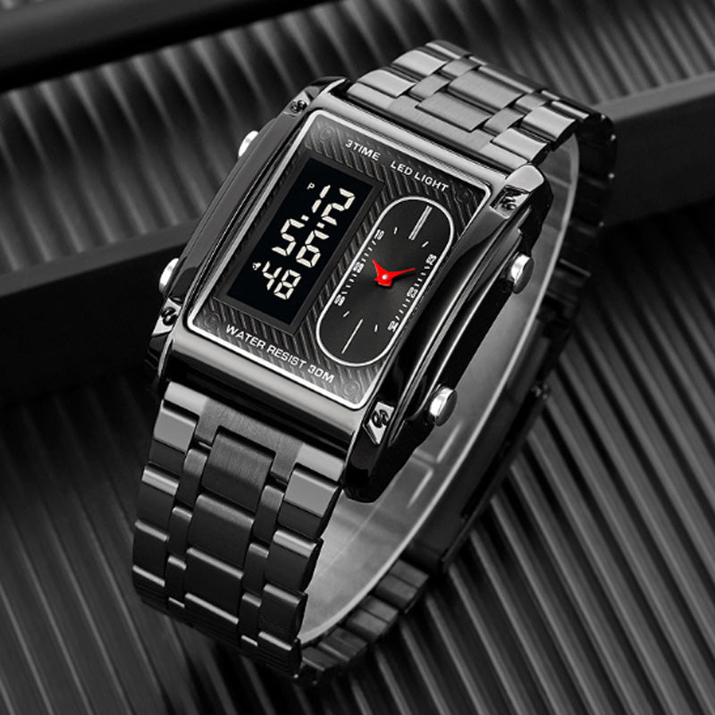 Orologio sportivo multifunzionale da uomo, quadrato e creativo, con doppio movimento