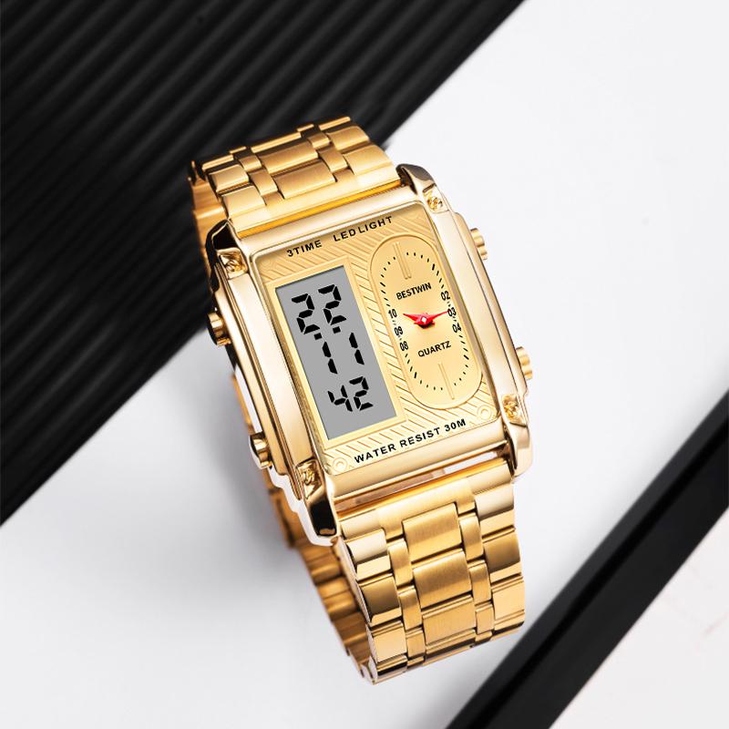 Orologio sportivo multifunzionale da uomo, quadrato e creativo, con doppio movimento