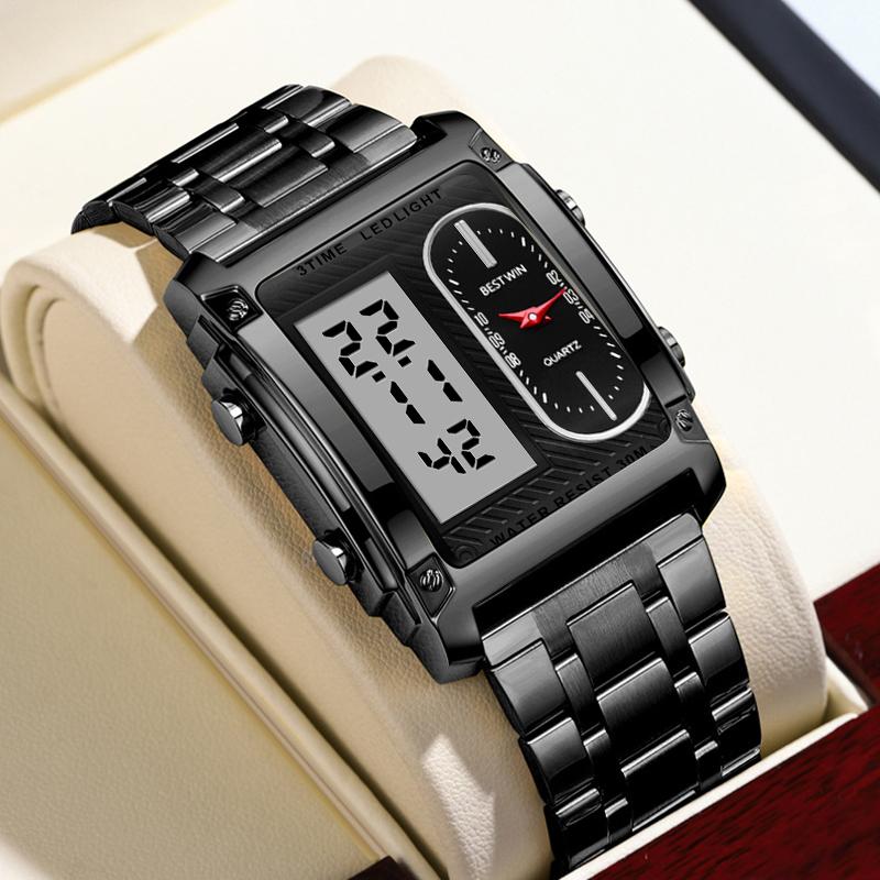 Orologio sportivo multifunzionale da uomo, quadrato e creativo, con doppio movimento