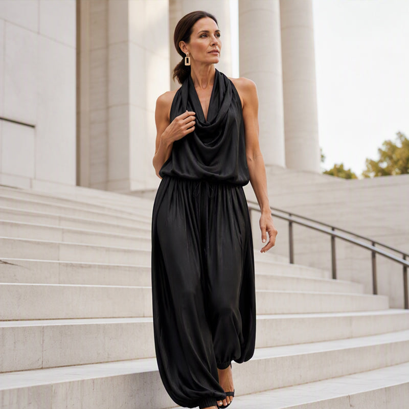 Mono elegante con cuello halter drapeado - silueta transpirable de pierna ancha y estilo elegante del día a la noche