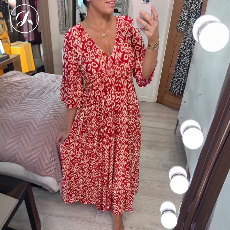 Vestido largo bohemio casual de verano, con estampado, escote en V y lazo en la cintura