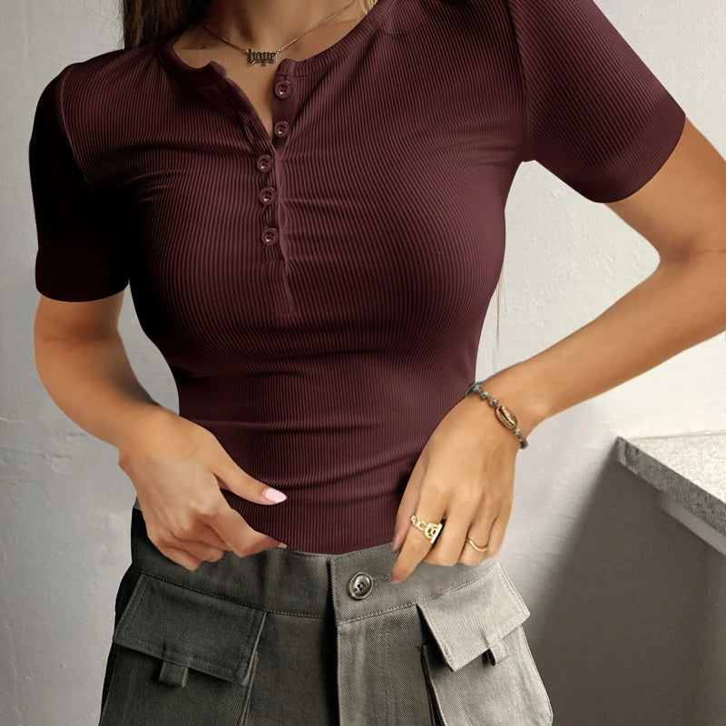 Women's Short Sleeve Henley Ribbed Knit Top