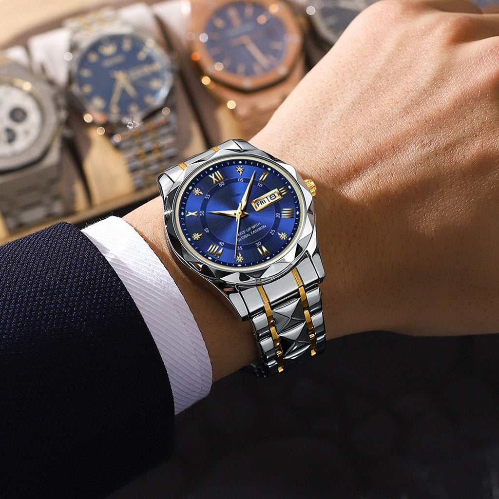Orologio da uomo impermeabile in acciaio inossidabile bicolore al quarzo con quadrante luminoso