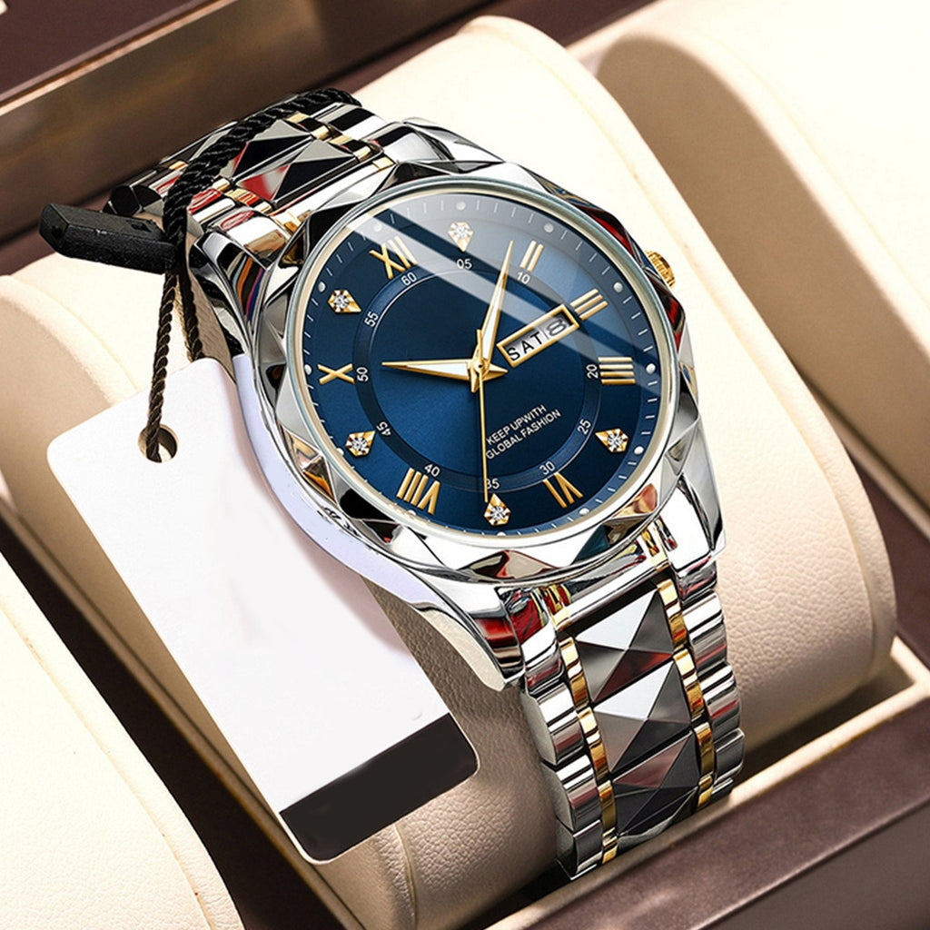 Orologio da uomo impermeabile in acciaio inossidabile bicolore al quarzo con quadrante luminoso