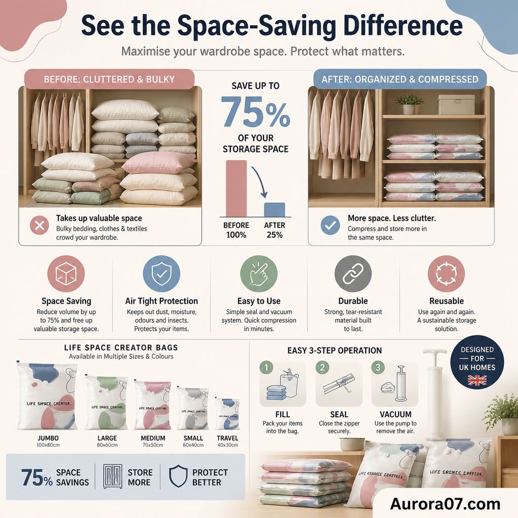 No©\Pump Vacuum Storage Bags ¨C Press & Seal, No Pump Needed. Saves 80% Space, Keeps Clothes Dry & Dust©\Free