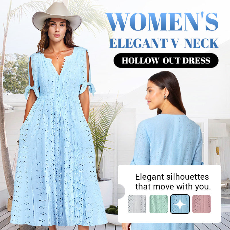 Women's Elegant V-Neck Hollow-Out Solid Dress