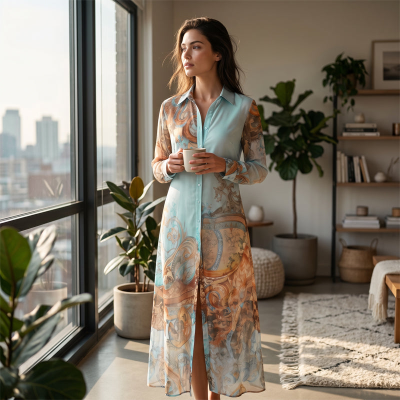 Maxi dress elegante da donna con stampa rétro