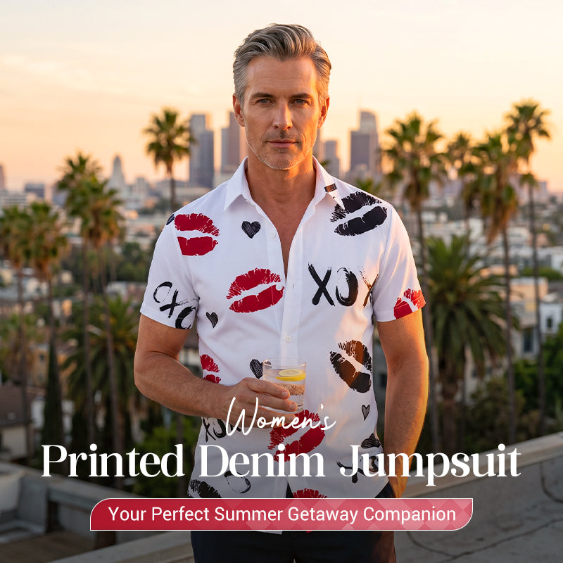Camisa de manga corta con estampado de besos y botones para hombre