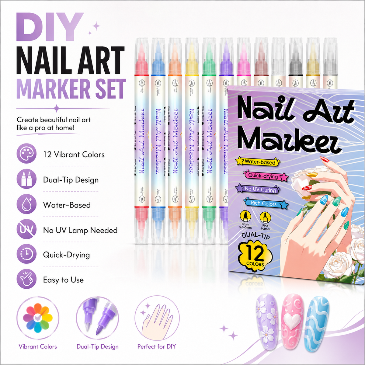 Penne per nail art a doppia punta in 24 colori ¨C Semplici decorazioni fai da te