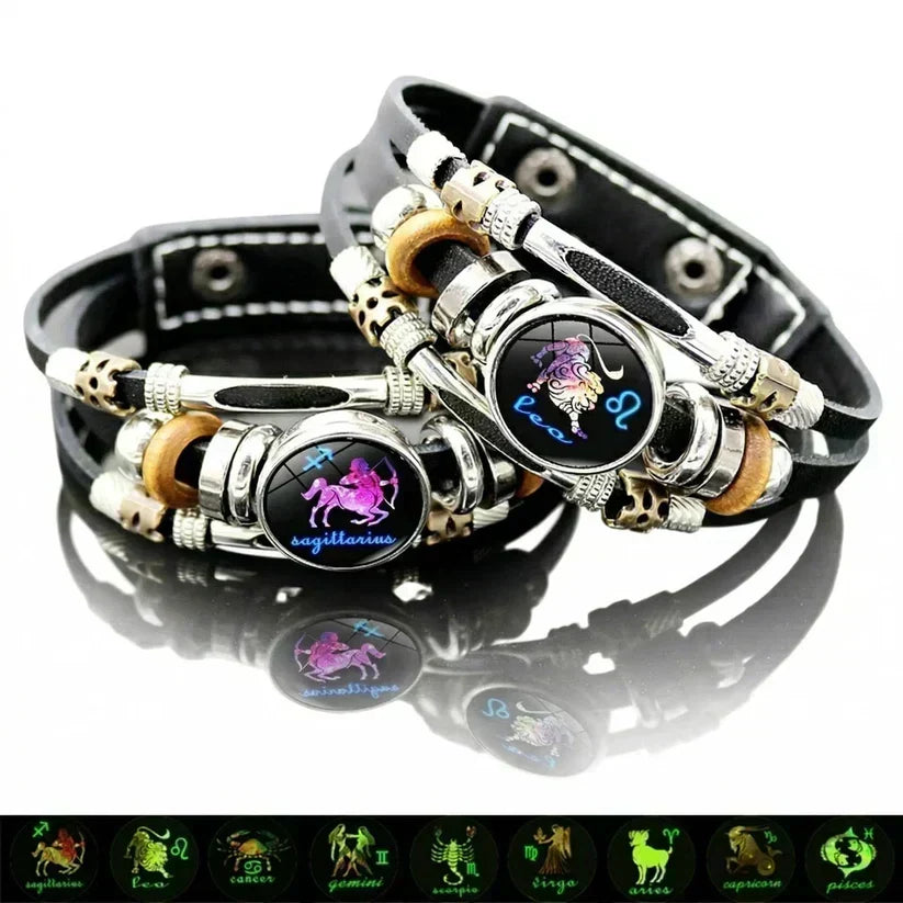 Laatste dag van de aanbieding: glow-in-the-dark leren armband met sterrenbeeld voor dames en heren voor $9.99 (6.9/8.1 inch)