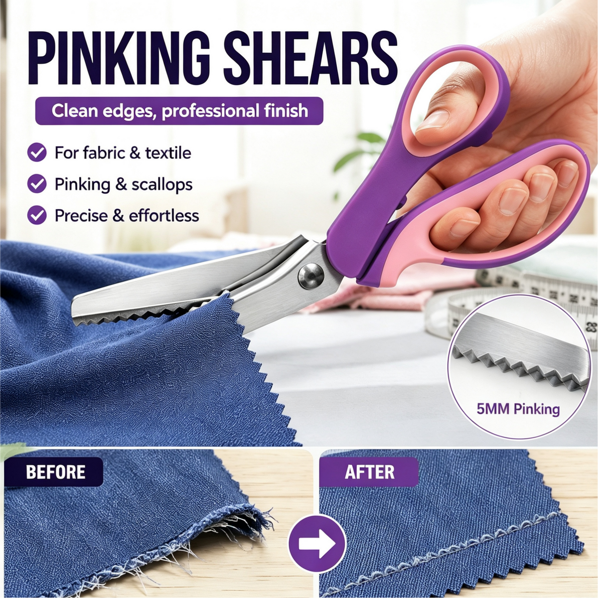 Tijeras dentadas multiusos para cortar tela en zigzag ¨C mango ergonómico y acero resistente al óxido