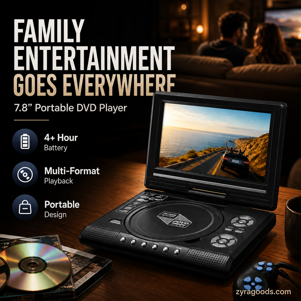 Reproductor de DVD/EVD portátil HD de 7.8 ¨C pantalla grande, recargable y compatible con DVD/CD/USB/SD ¨C perfecto para el hogar y los viajes