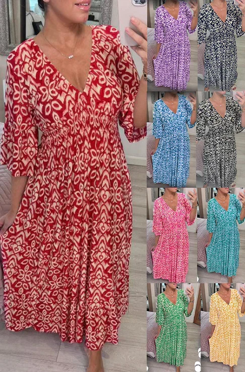 Vestido largo bohemio casual de verano, con estampado, escote en V y lazo en la cintura