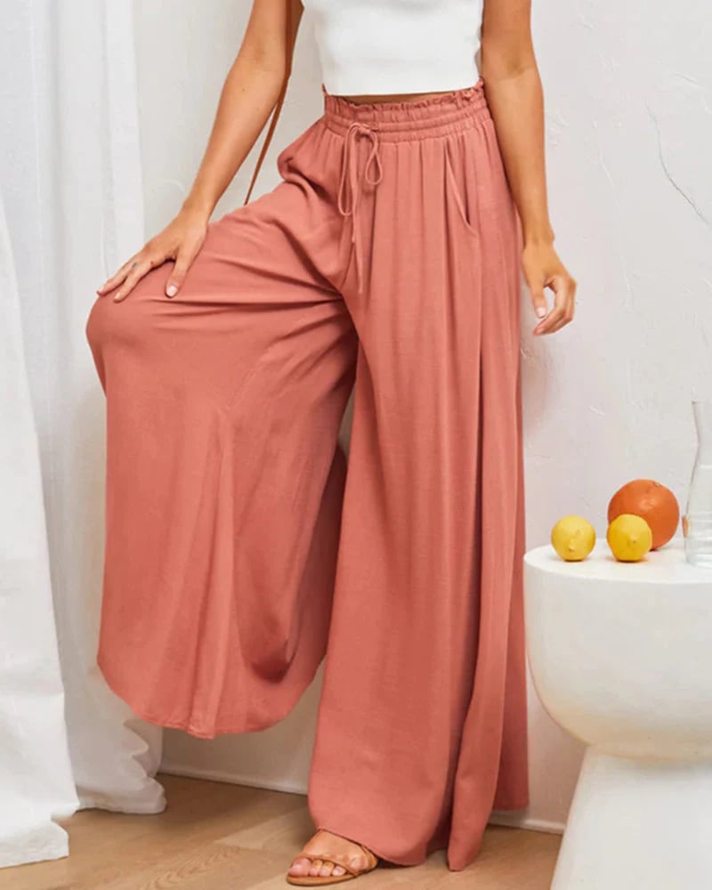 Pantaloni NOW tinta unita, a gamba larga e vita alta ¨C misto cotone, vestibilità ampia e coulisse regolabile