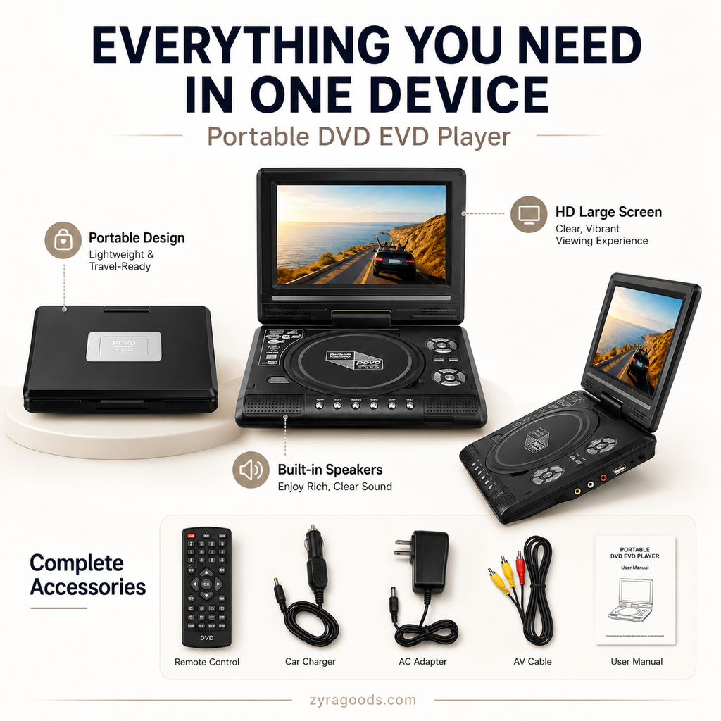 Reproductor de DVD/EVD portátil HD de 7.8 ¨C pantalla grande, recargable y compatible con DVD/CD/USB/SD ¨C perfecto para el hogar y los viajes