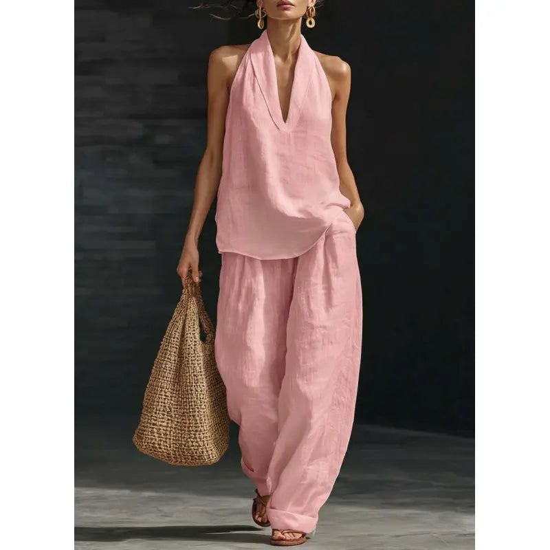 Ensemble bohème 2 pièces en lin - haut dos nu sans manches et pantalon large
