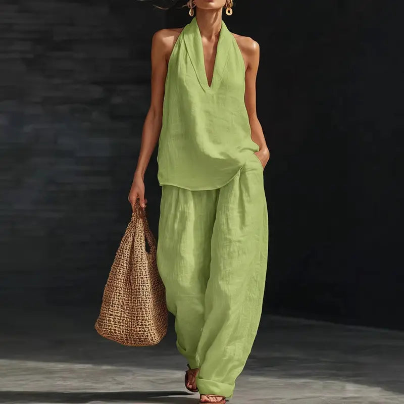 Boho Linen Two Piece Set - Halter Neck Sleeveless Top Wide Leg Pants Set