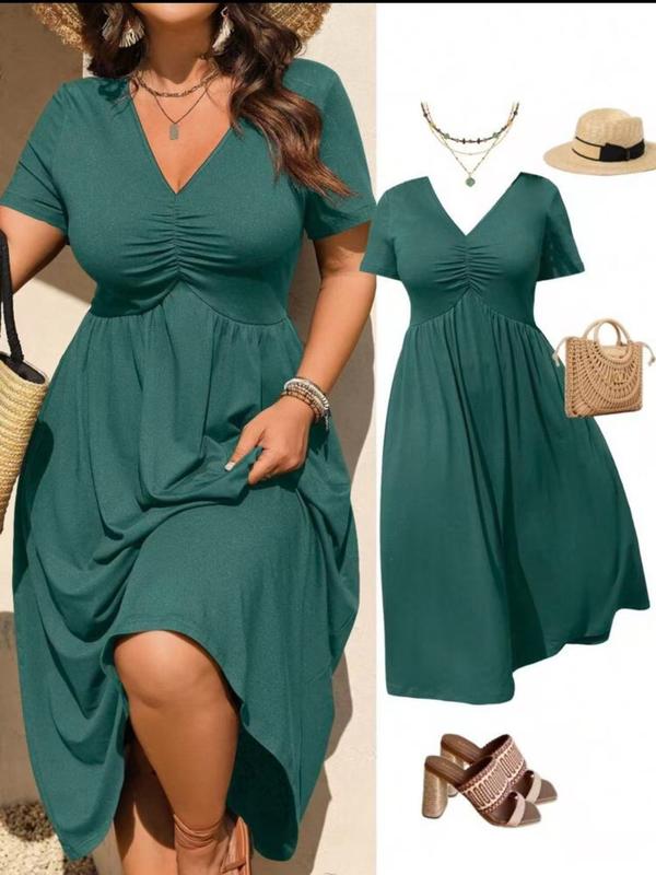 Robe midi grande taille à col en V, manches courtes froncées, robe trapèze décontractée et fluide pour l’été