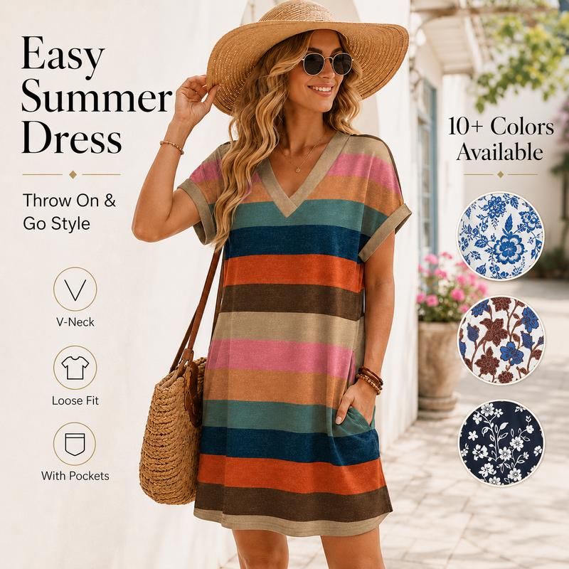 Abito estivo casual da donna, modello T-shirt con scollo a V