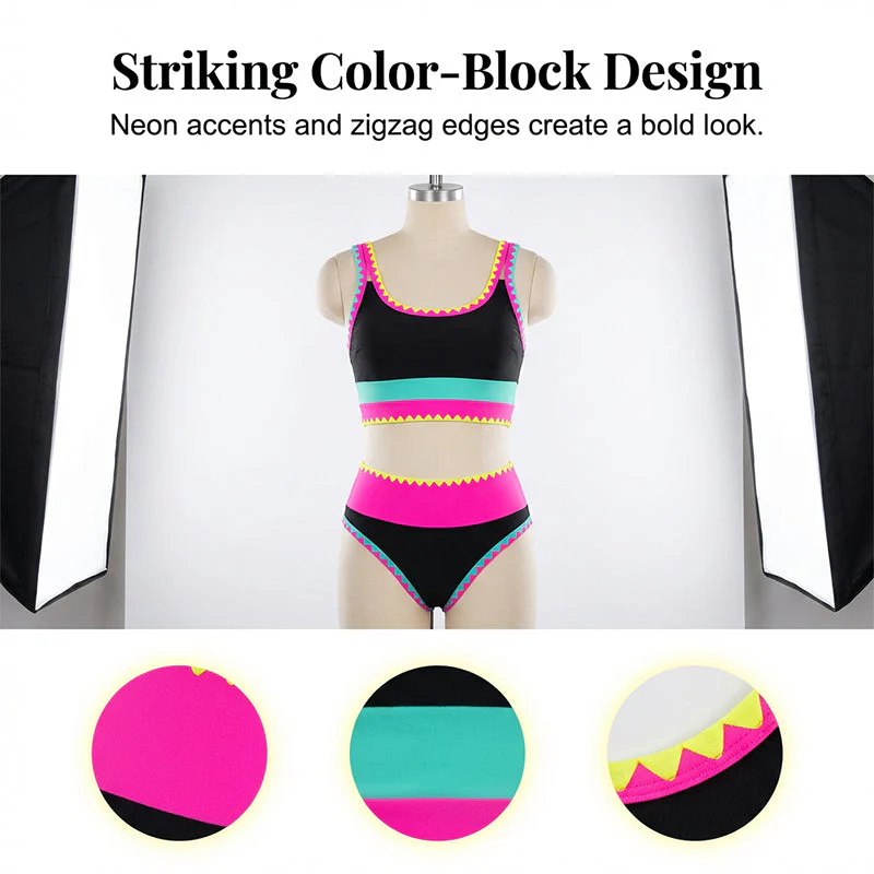 Color Block Patchwork Nylon Sporty 3-Piece Bikini Set