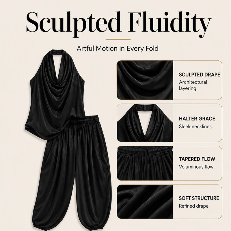 Mono elegante con cuello halter drapeado - silueta transpirable de pierna ancha y estilo elegante del día a la noche