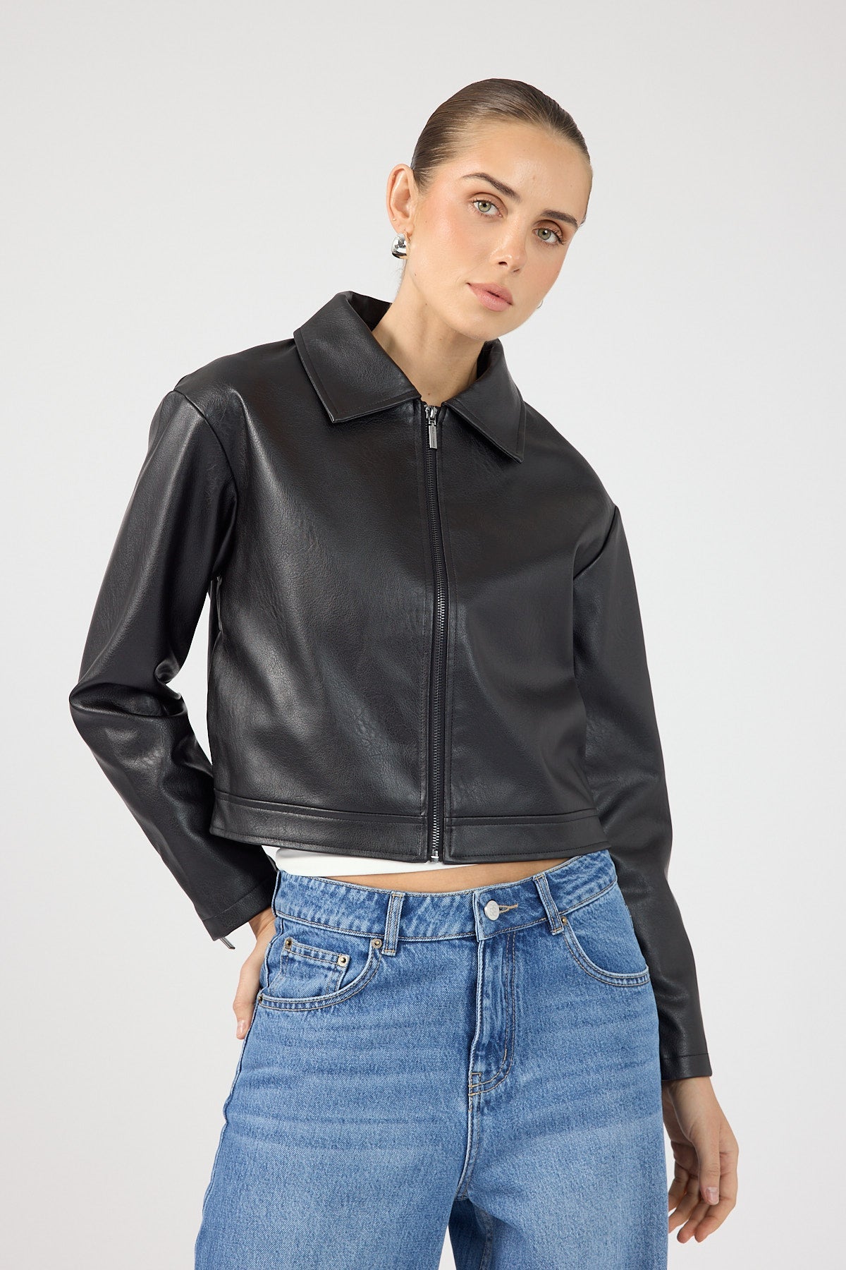 Faux Leather Zip Up Jacket Black