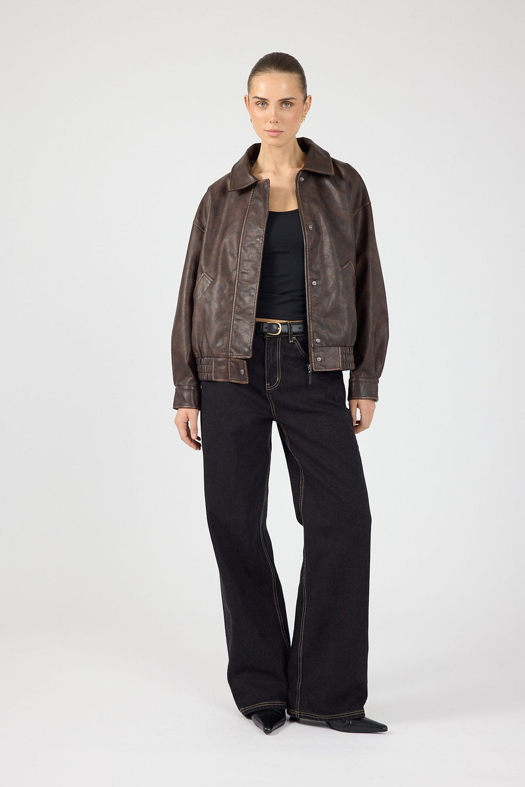 Washed Faux Leather Bomber Brown