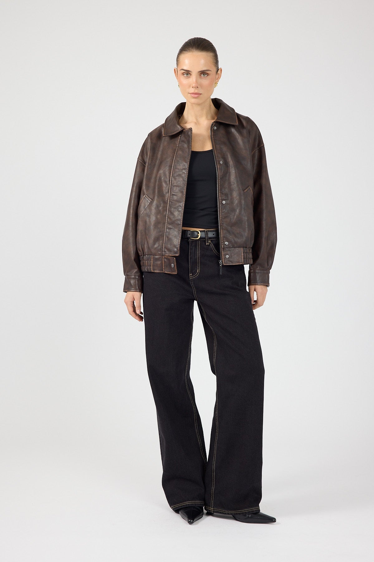 Washed Faux Leather Bomber Brown