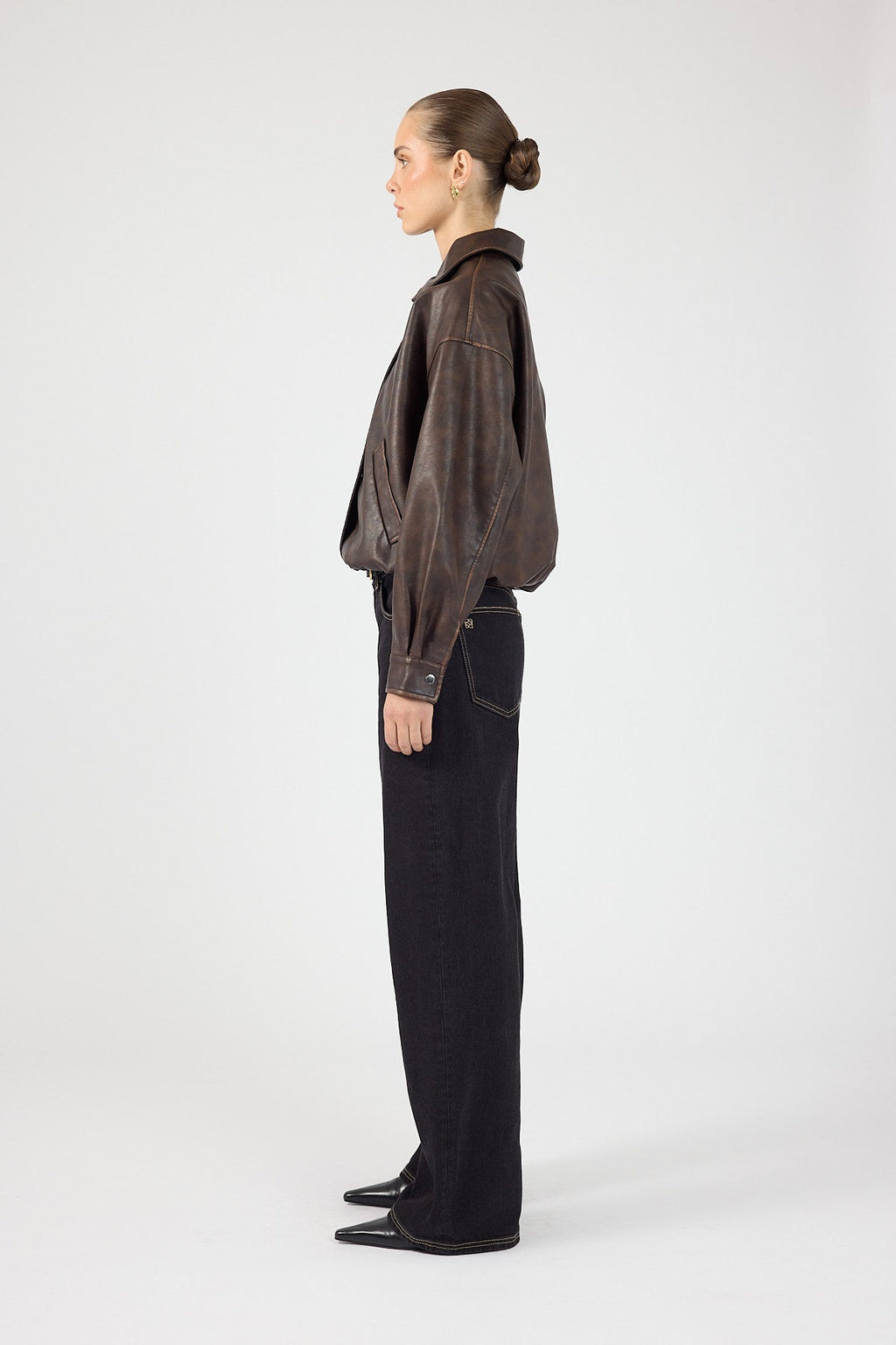 Washed Faux Leather Bomber Brown