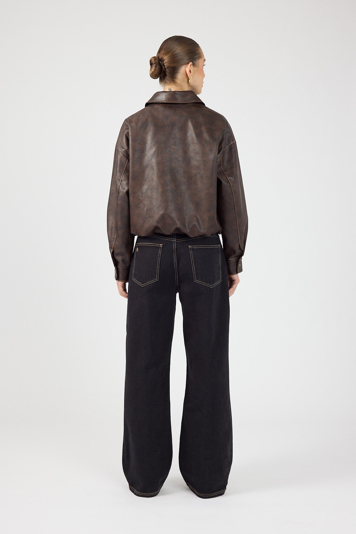 Washed Faux Leather Bomber Brown
