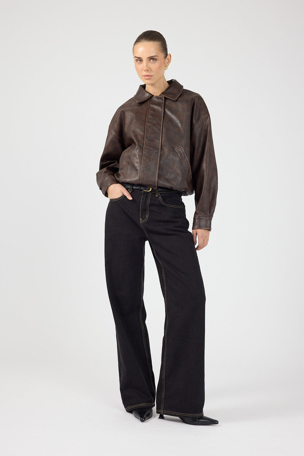 Washed Faux Leather Bomber Brown