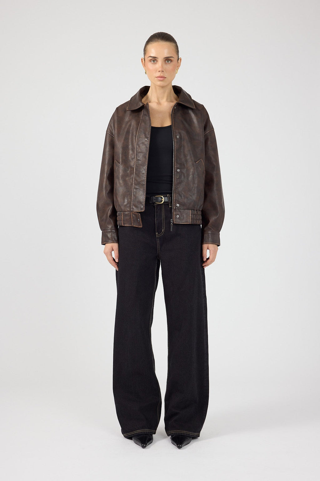 Washed Faux Leather Bomber Brown