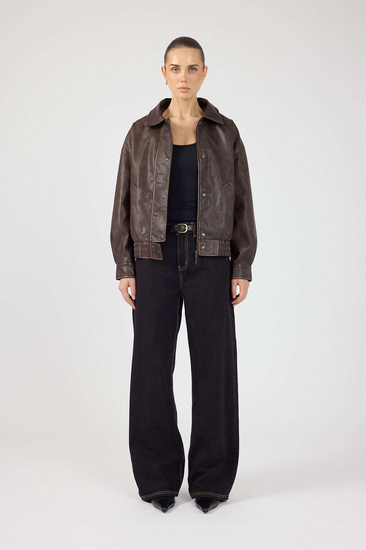 Washed Faux Leather Bomber Brown