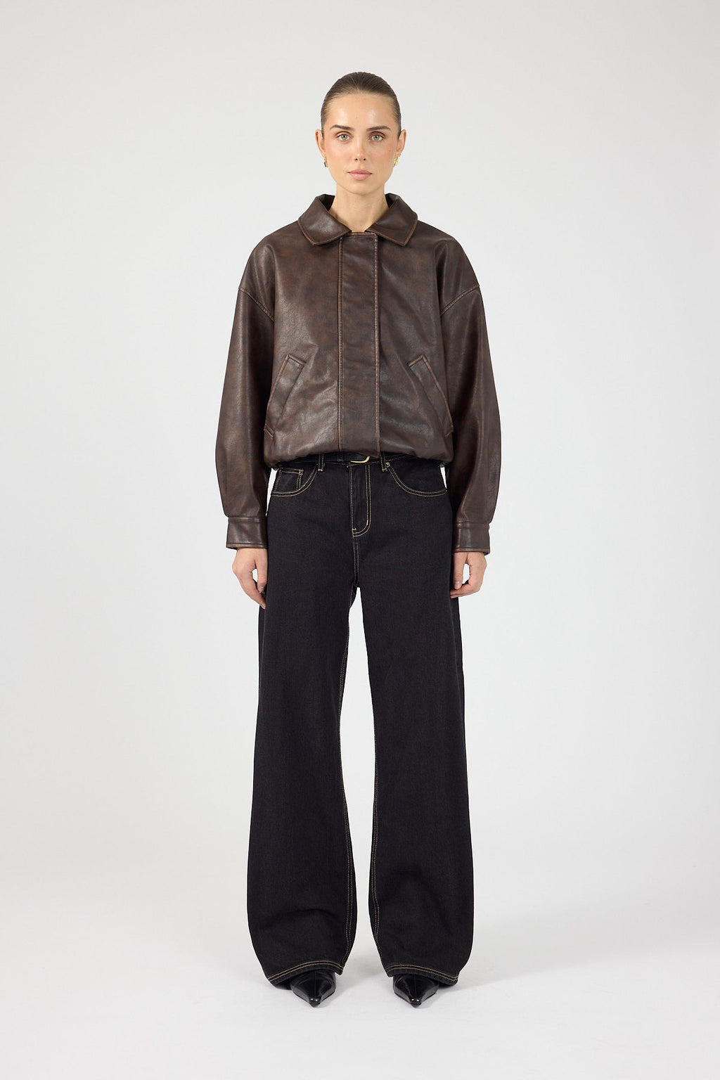 Washed Faux Leather Bomber Brown