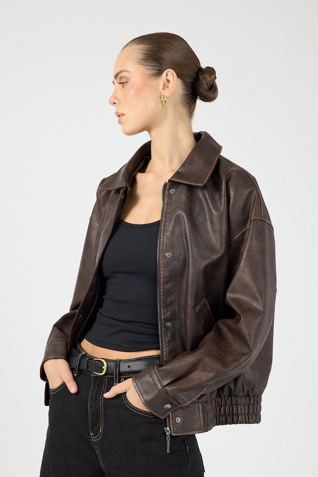 Washed Faux Leather Bomber Brown