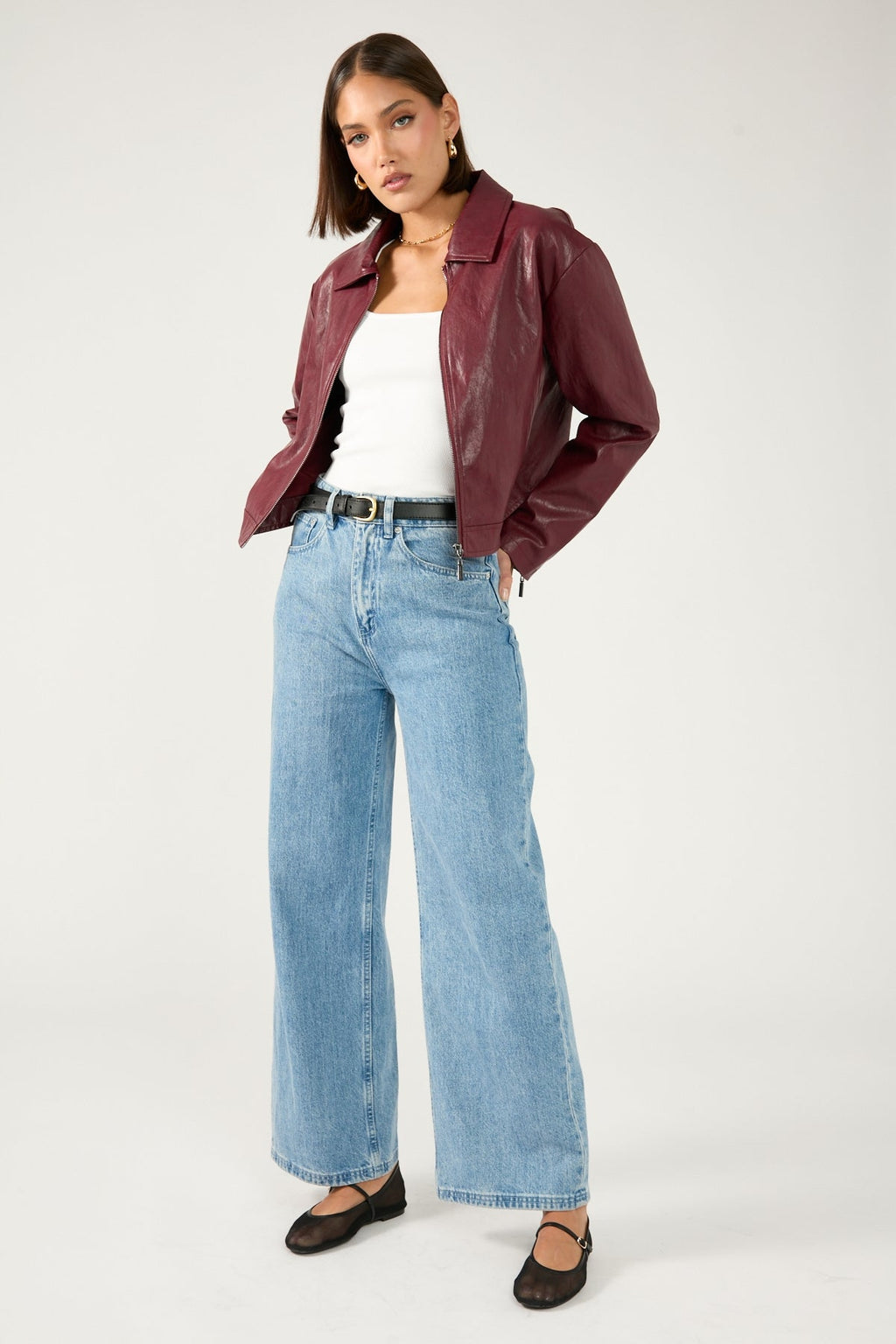 Faux Leather Zip Up Jacket Burgundy