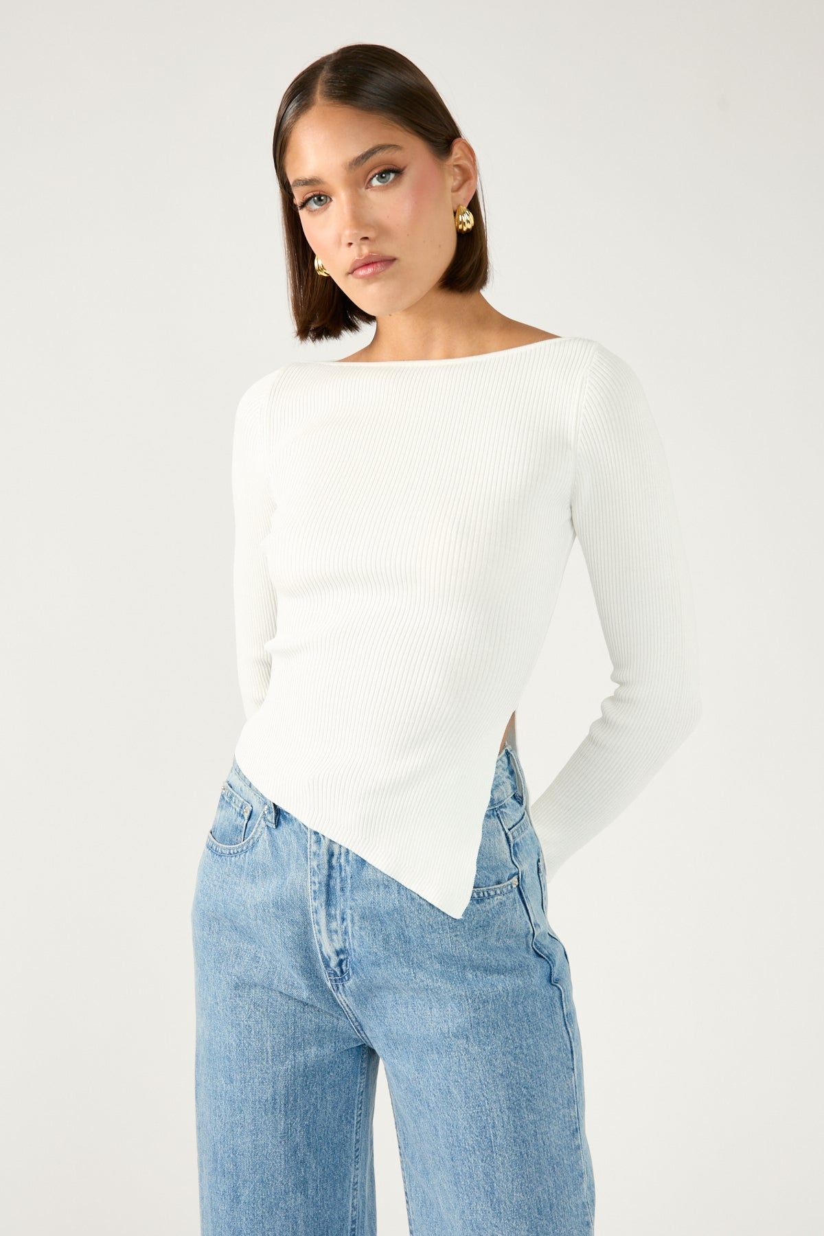 Long Sleeve Asym Rib Knit Top White