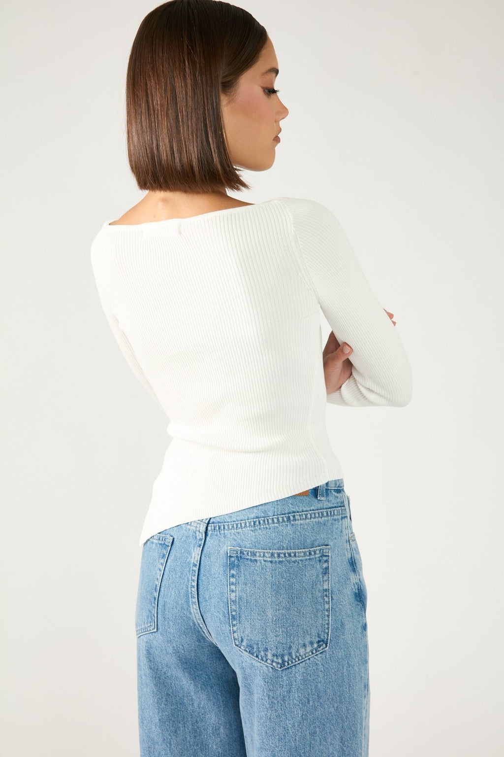 Long Sleeve Asym Rib Knit Top White
