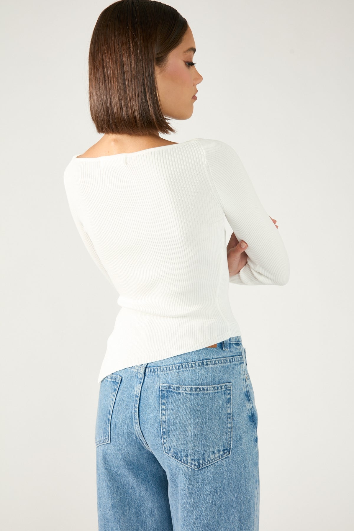 Long Sleeve Asym Rib Knit Top White