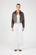 Faux Leather Zip Up Jacket Dark Brown