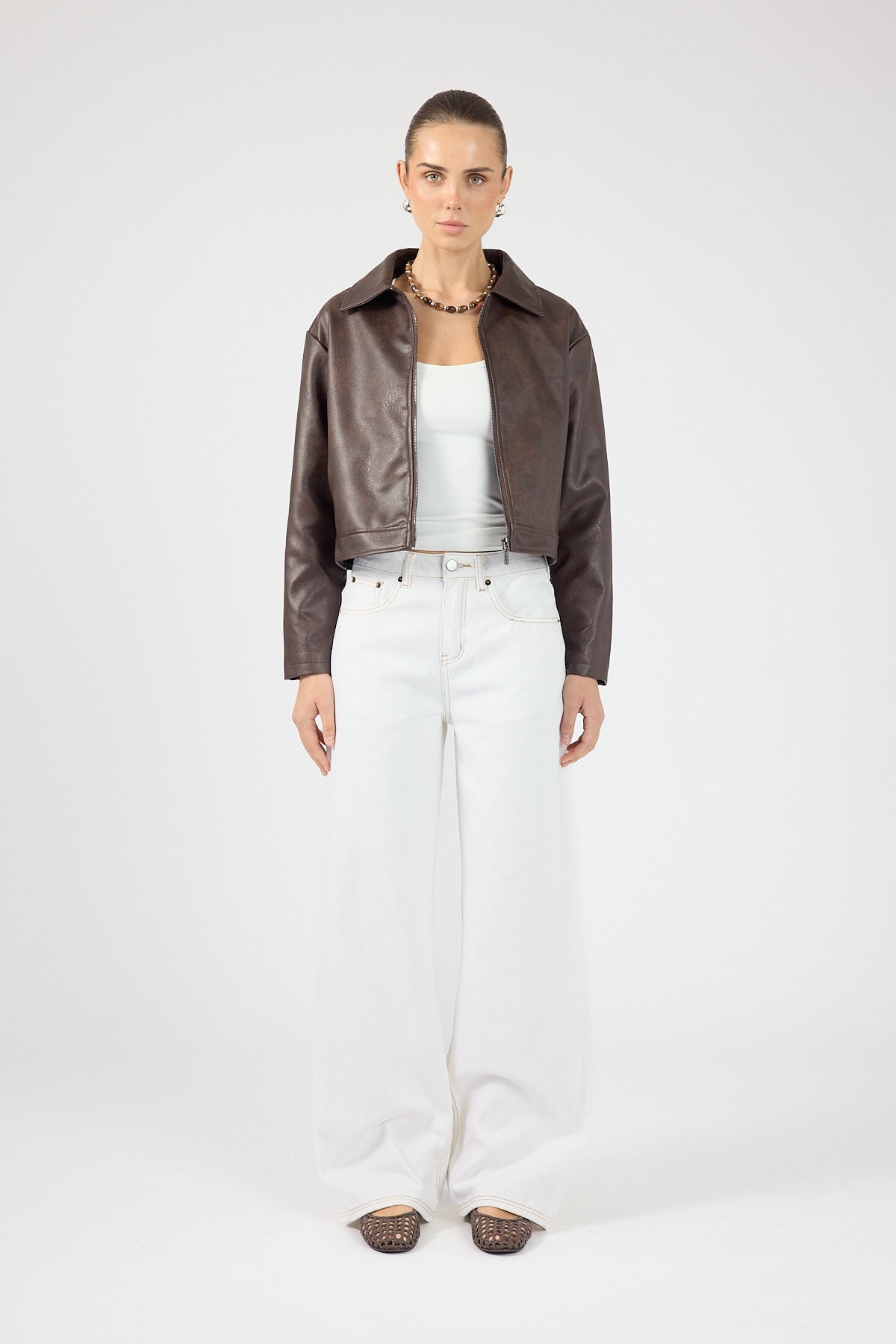 Faux Leather Zip Up Jacket Dark Brown