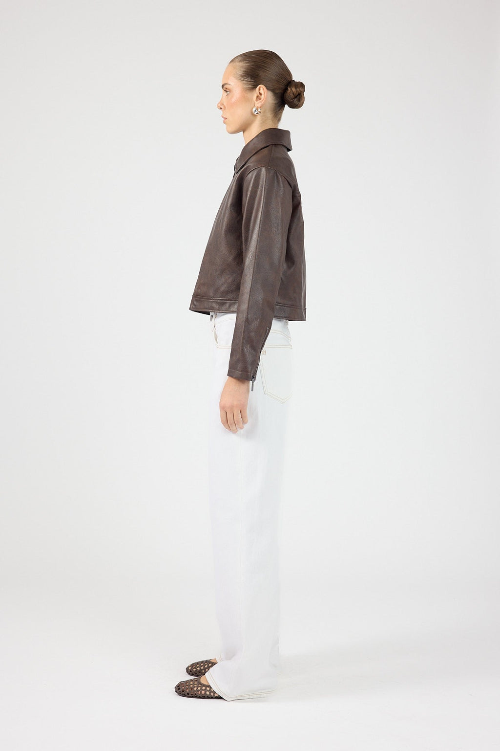 Faux Leather Zip Up Jacket Dark Brown