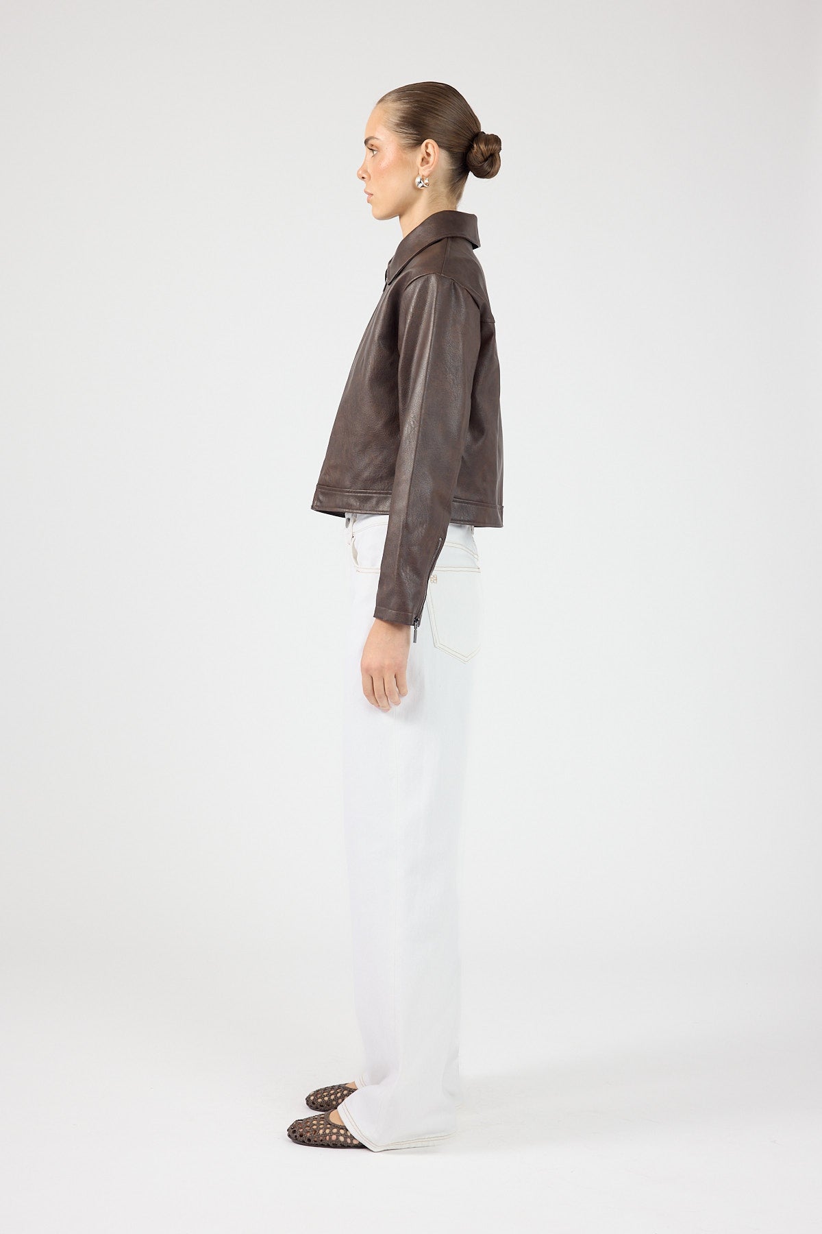 Faux Leather Zip Up Jacket Dark Brown