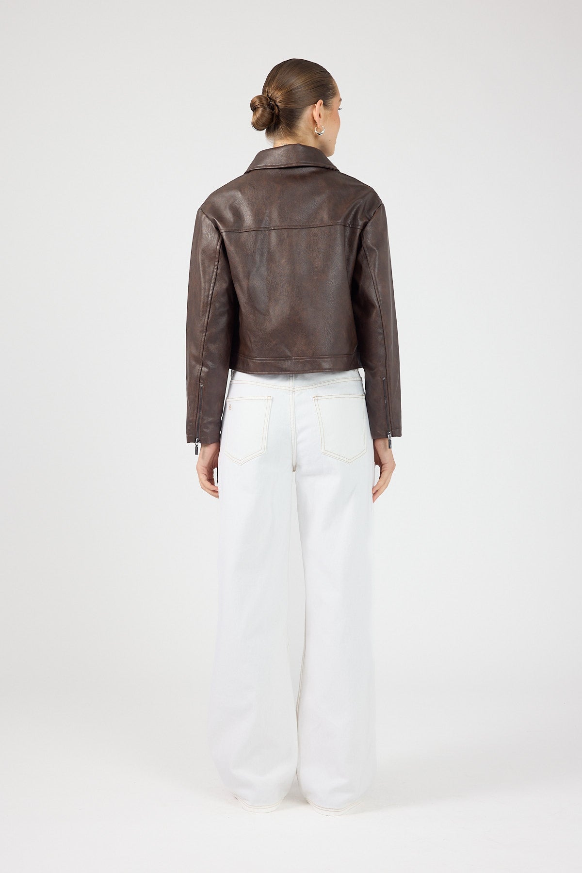 Faux Leather Zip Up Jacket Dark Brown