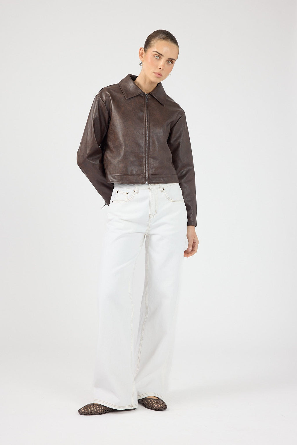 Faux Leather Zip Up Jacket Dark Brown