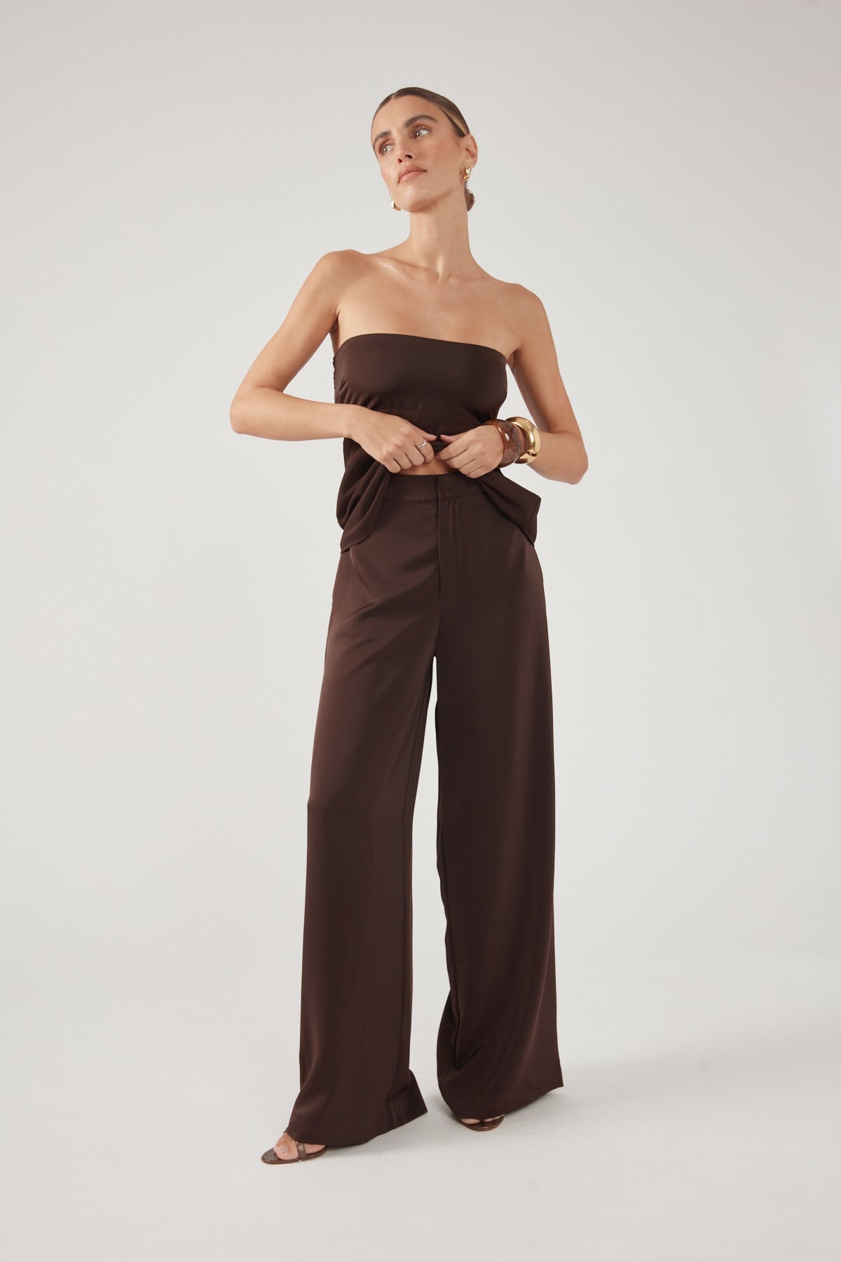 Satin Mid Rise Tailored Pants Brown