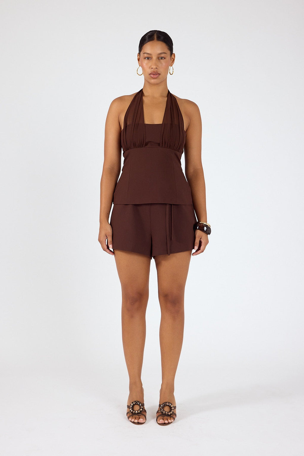 Mid Waisted Suiting Shorts Brown