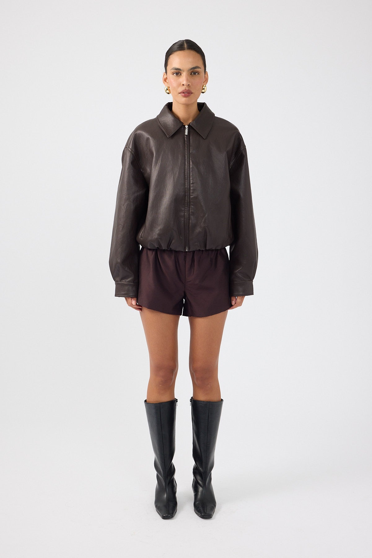 Bubble PU Bomber Jacket Brown